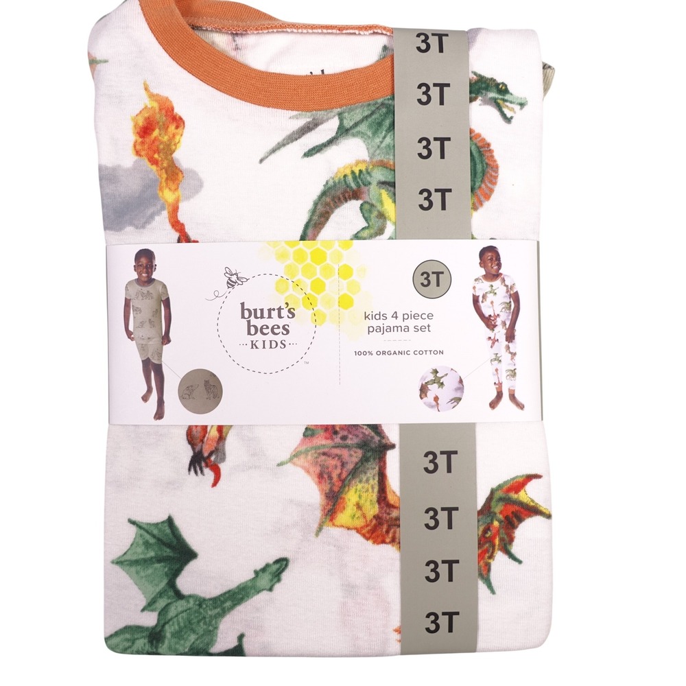 Burts Bees Kids 4 Piece Pajama Set 3T Organic Cotton Dragons Wolves Green White